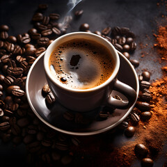 Cup of fresh aromatic espresso coffee with roasted beans closeup