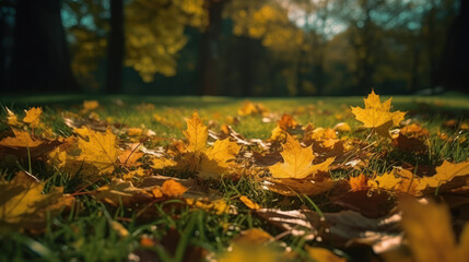 Yellow leafs on green lawn