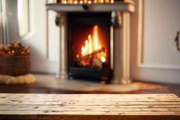 Papier Peint photo Feu fireplace with christmas decorations, cosy home interior background Table top with blurred fireplace, Ai Generate 
