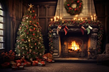 Fototapeta na wymiar Christmas inside a house. Enchanting tree radiating magic, a warm fireplace, and presents.