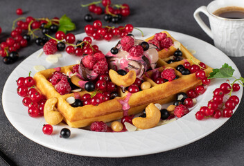 Belgian waffles with fresh berries, berry sauce and ice cream, Closeup