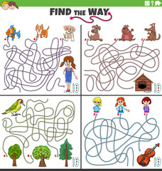 find the way maze games set with cartoon children and animals