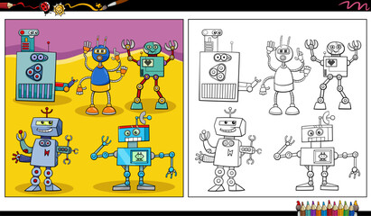 comic robots or droids characters group coloring page
