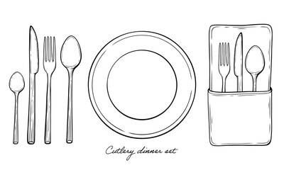 Silverware dinner set with a plate napkin cutlery pouch vector line art illustration
