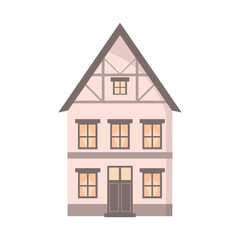 Flat vector illustration of an old european house with windows and a door. Freehand exterior view of a beige building on an isolated white background. For design, print, decoration.
