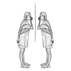 Contour of a girl after a shower in a dressing gown and slippers stands in front of a mirror caring for her face. Side view. Vector illustration.