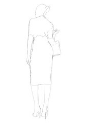Contour of a woman with shopping bag vector. Young stylish woman in trench dress. Fashion illustration in sketch style. Vector illustration.