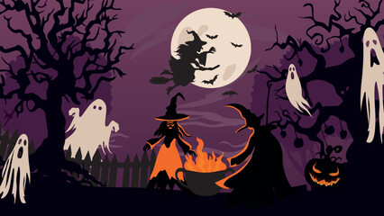 Halloween night scene witches near fire and ghosts vector background.