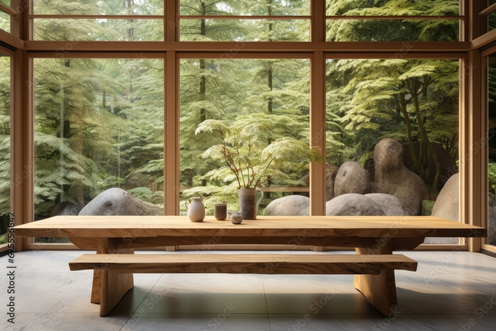 Poster a wooden table positioned in an open area with ample space, set against a backdrop of a japanese int