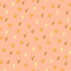 Seamless pattern with cute little flowers on a pink background. Abstract flowers, leaves and grass. Pastel colors. Minimalistic pattern. Vector illustration.