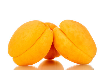 Fototapeta na wymiar Three ripe sweet apricots, macro, isolated on white background.