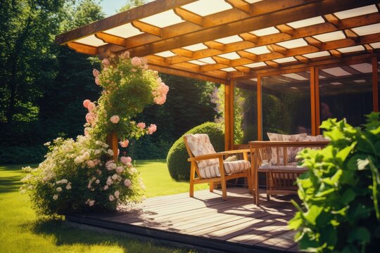 This picture shows a pergola awning basking in bright sunlight.