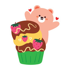 hand drawing cartoon cute cupcake design with bear and fruit. cute dessert design for icon and sticker