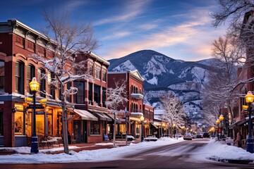 Winter Wonderland in Downtown Aspen, Colorado - Resort and Shopping Mecca surrounded by snowy White Nature with a Majestic Sky. Generative AI - obrazy, fototapety, plakaty