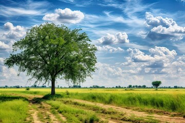 Fototapeta na wymiar Pecan Tree in a Cornfield Landscape with Blue Sky and Clouds in Summer. Generative AI