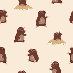 Cute little moles seamless pattern. Vector childish cartoon illustration
