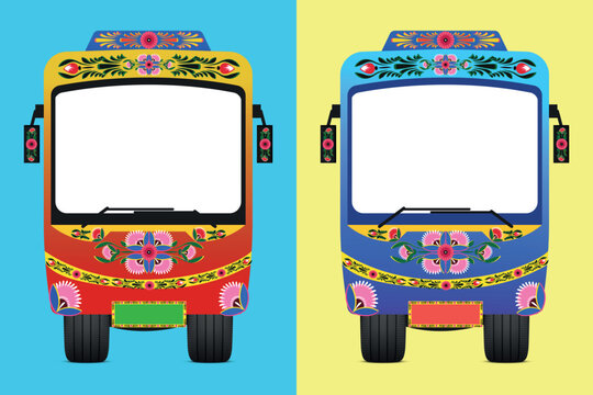 Set of colorful trucks with a colorful flower pattern on the front.