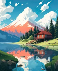 Fotobehang A cozy cabin by a glistening mountain lake, clean lines, toon, clouds landscape © Adi