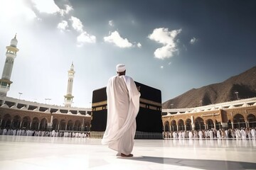 View of 'Masjidil Haram' Mosque in Makkah with people praying in front of Kaaba