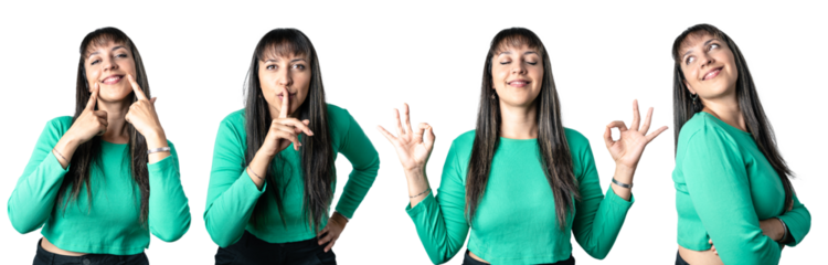 Real Latin woman making different facial expressions. Smile, keep silence, zen meditation and charming pose. Isolated transparent background
