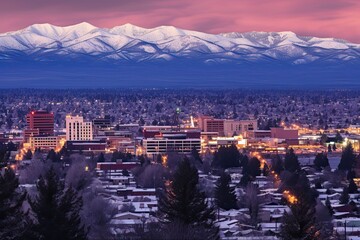 Scenic Nevada City Skyline at Winter Sunset with Snowy Mountains in the Background: Generative AI