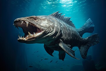 River Predator: Wolf Fish Underwater in Freshwater Habitat: Generative AI