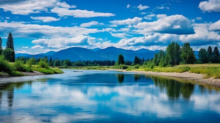Summer Landscape of Kootenai River at Bonners Ferry Idaho - Blue Water, Clear Sky, and Lush Nature: Generative AI