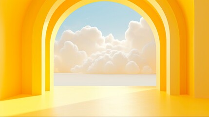 Yellow Abstract 3D Render. A Tunnel Arch with White Clouds and Sunlight Flying Out in Minimalistic Design: Generative AI