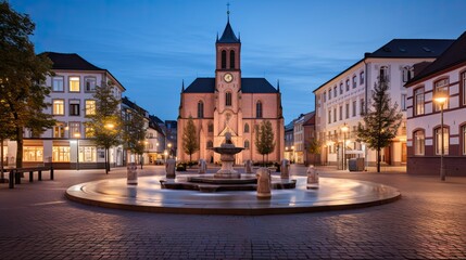 Fototapeta na wymiar Illuminated Catholic Cathedral on Munsterplatz Square at Dusk in Villingen-Schwenningen, Germany: A Landmark of German Architecture: Generative AI