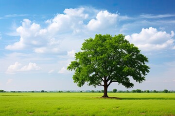 Fototapeta na wymiar Pecan Tree in a Beautiful Corn Field Landscape: Blue Sky, Green Grass and White Clouds on a Sunny Summer Day: Generative AI