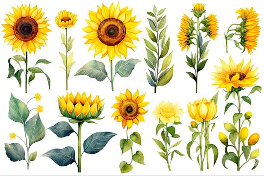 Sunflowers Illustration Set. Watercolor Collection of Yellow Summer Flowers, Wildflowers, and Floral Elements, Perfect for Wedding Invitations and Artwork: Generative AI