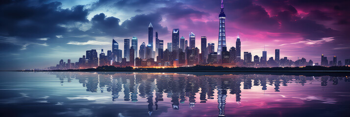 Horizontal wallpaper of modern business city on the river bank at sunset. Futuristic skyscrapers, beautiful sky and clear water with reflection. Creative wallpaper of business center. Purple colors.