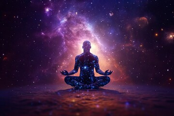Universe, cosmos. Meditation background, prana, the mind of God and spirituality. Woman yoga meditation in lotus pose. Woman silhouette in yoga pose. Concept of meditation and spiritual practice