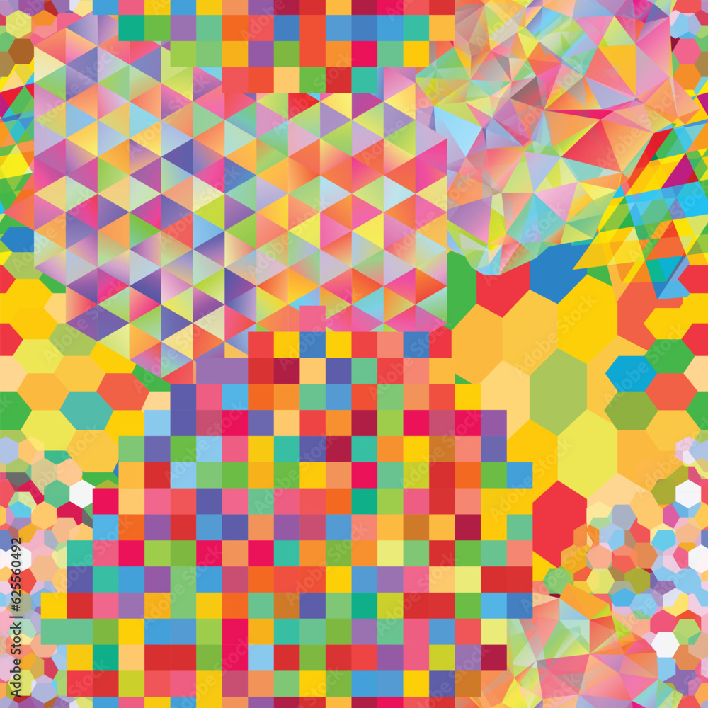 Poster seamless pattern with gainbow colored glitch styled bright messy shapes