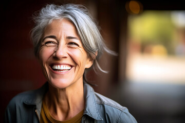 Joyful portrait of a confident, laughing middle-aged university professor expressing positivity, gratitude, and joy while outdoors, generative ai