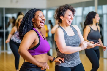 Deurstickers Middle-aged women enjoying a joyful dance class, candidly expressing their active lifestyle through Zumba with friends, generative ai © InputUX
