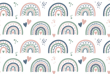 Seamless pattern with Scandinavian boho rainbows. Vector doodle style background with geometric shapes in light colors.