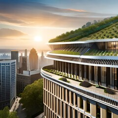 A city showing sustainable development and lifestyle with green plants on roofs of buildings - Generative AI