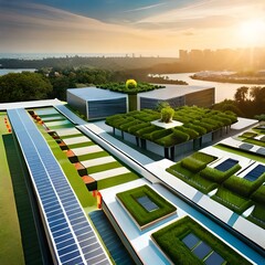 A city showing sustainable development and lifestyle with green plants on roofs of buildings -...