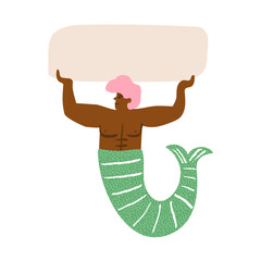 African chubby merman with pink hair holds a banner, a cute underwater mermaid man with hands up shows a banner, athlete