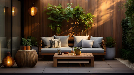 Backyard outdoor contemporary lounge. There are plants, a wooden table and wall, plus a sofa, armchair, and lanterns in the terrace house for house advertising and background Generative AI