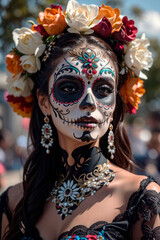 A beautiful brunette with a stylized makeup of La Katrina mask,the day of the dead