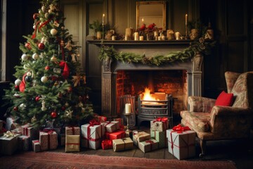 A living room adorned with a Christmas tree, surrounded by gifts beneath.
