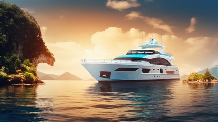 Luxury Super yacht cruiser at sunset