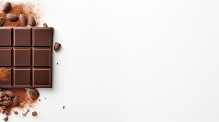 Milk chocolate bar pieces on white isolated background. Top view, with text space can use for advertising, ads, branding