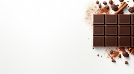 Milk chocolate bar pieces on white isolated background. Top view, with text space can use for advertising, ads, branding