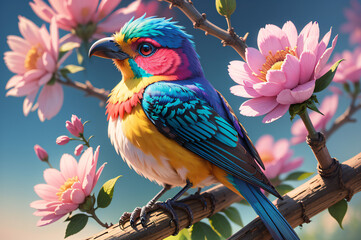 Colorful bird perching on blooming branch in nature created with Generative AI technology