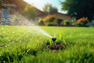 The image shows a garden irrigation system taking care of the lawn by automatically sprinkling water on the lush green grass. The photograph has a specific focus on this area. - obrazy, fototapety, plakaty