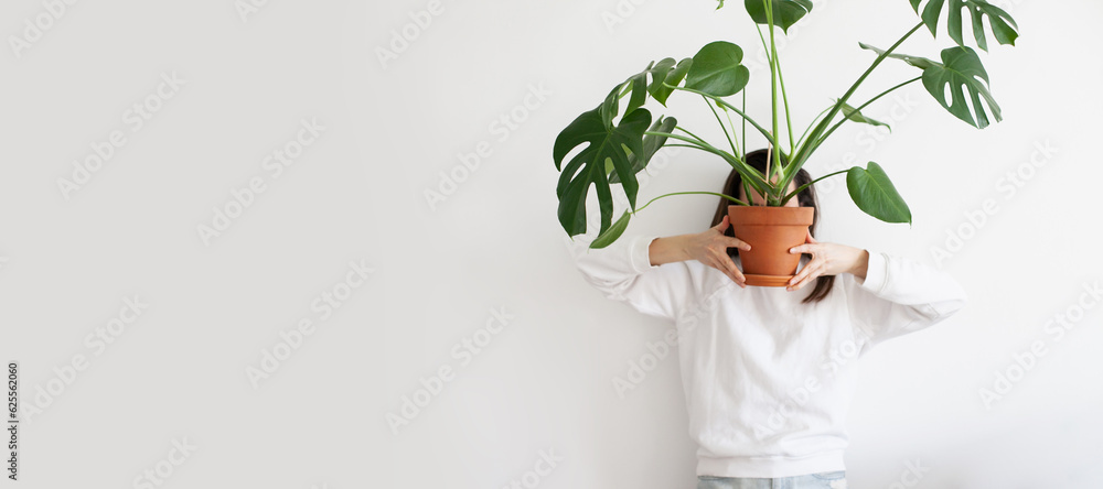 Wall mural Young millennial woman holding a pot with green monstera house plant. Horizontal banner.