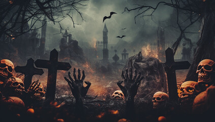 zombie hands rising in dark halloween night Generative AI